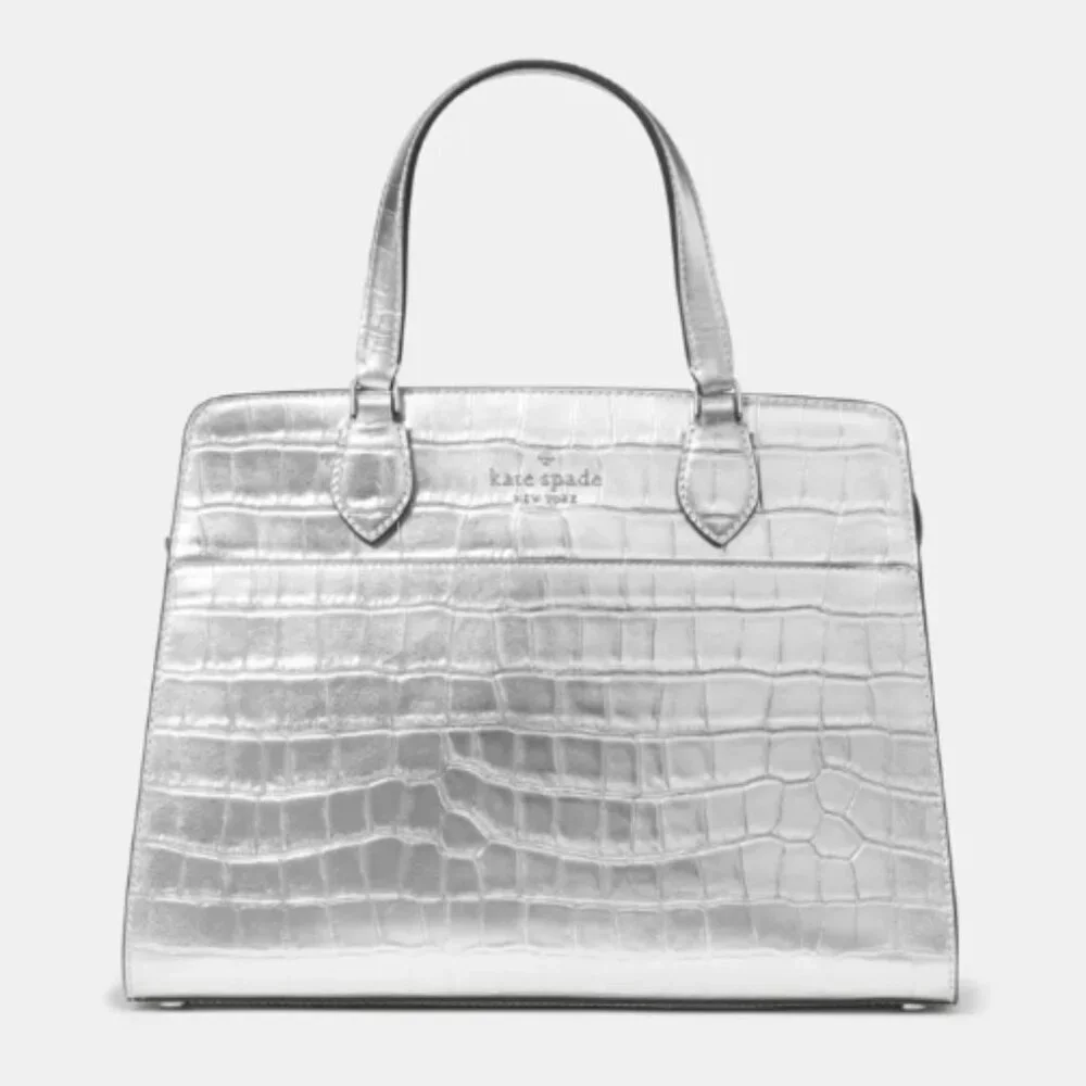 Kate Spade Madison Metallic Croc Embossed Medium Satchel – Silver – NWT